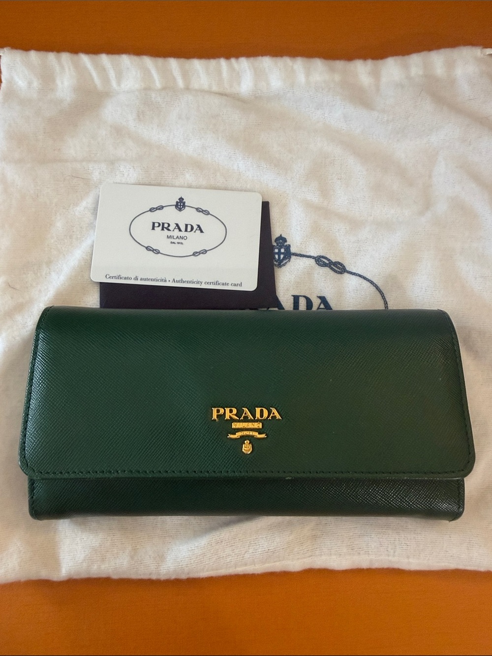 Prada Dark Green Saffiano Leather Wallet with Gold Logo